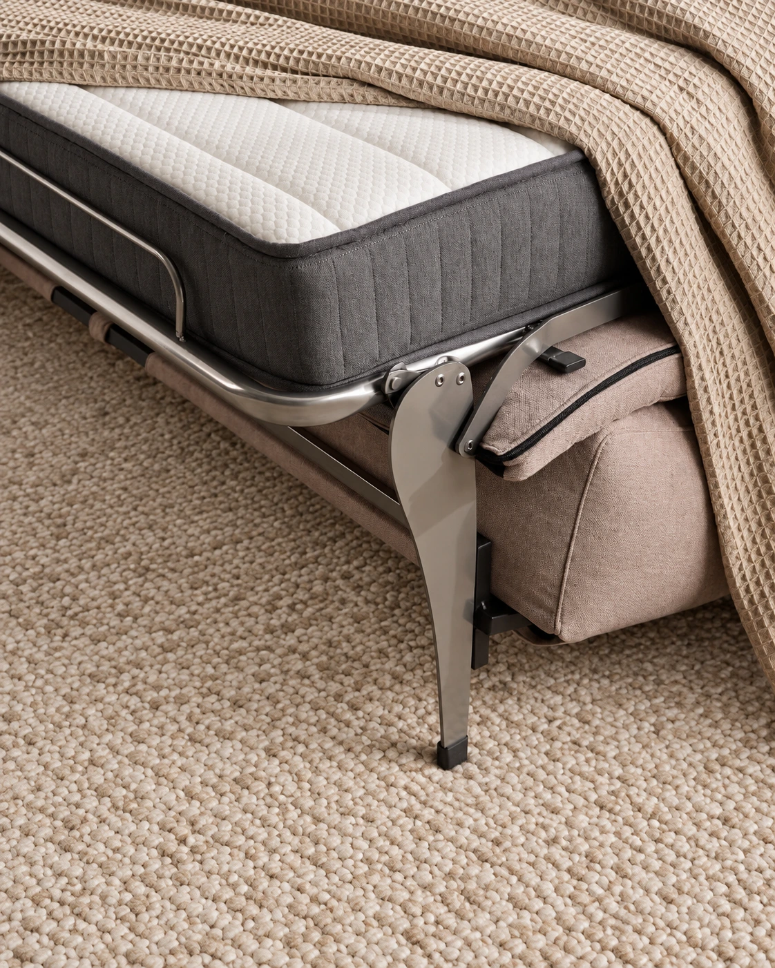 Detalle del colchón y del soporte metálico de la cama abierta del sofá Alba.