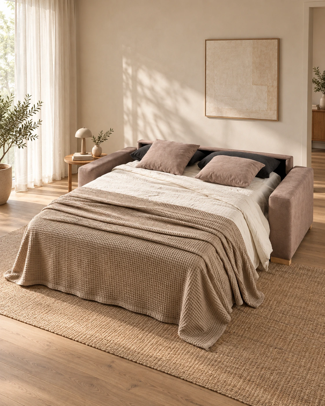 Sofá Alba con la cama desplegada y preparada con ropa de cama clara.