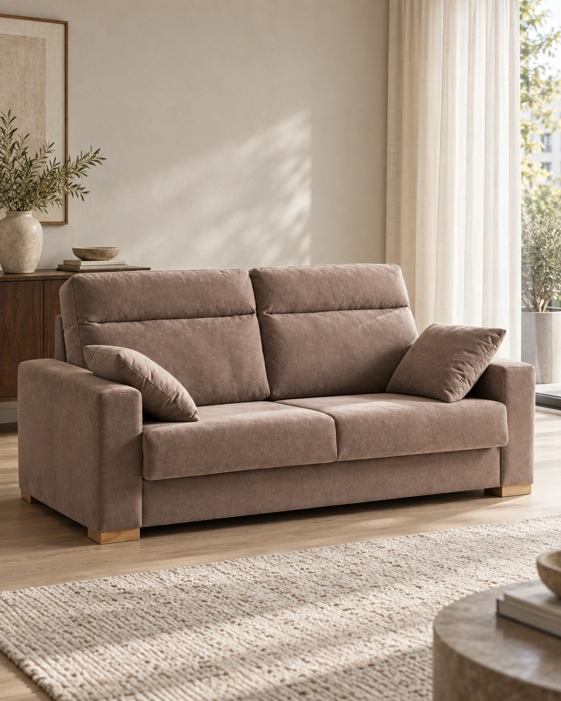 Sofá Alba en tono taupe visto de tres cuartos, con brazos rectos y patas bajas de madera.