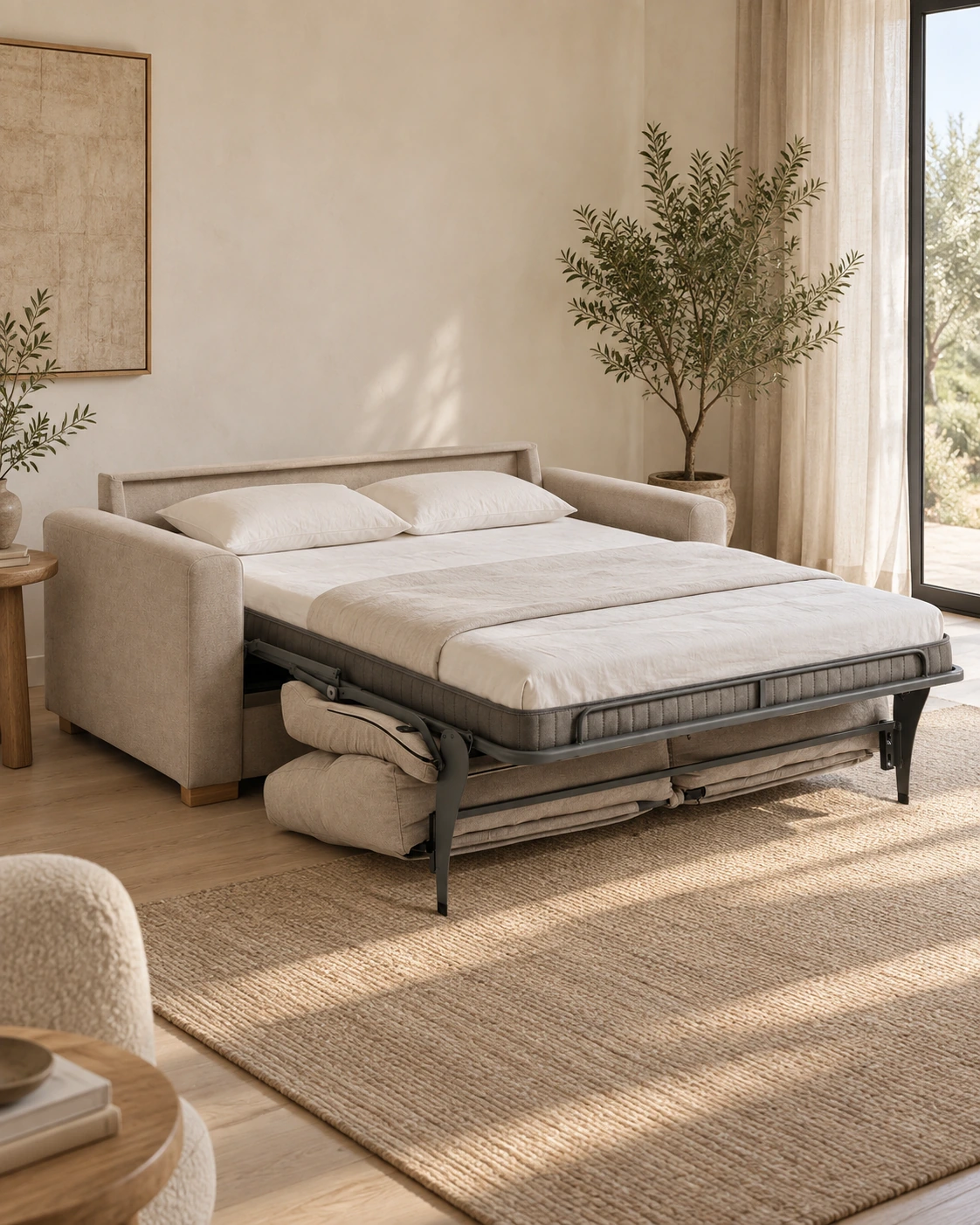 Sofá Brisa en tono crudo con la cama desplegada y preparada con ropa de cama clara.
