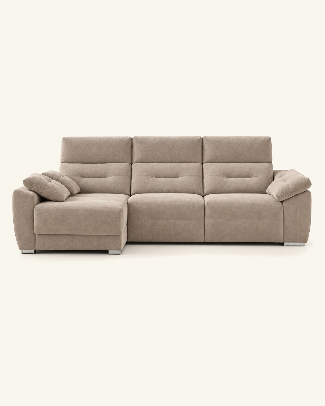 Sofá Celia en tono topo con chaise longue a la izquierda sobre fondo beige