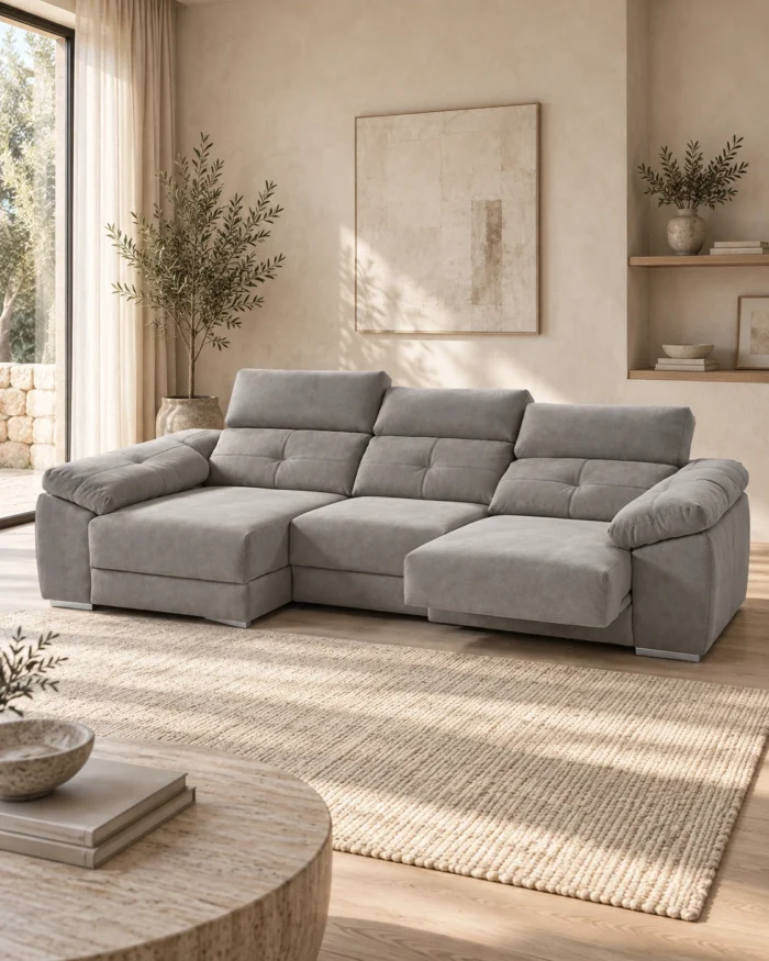 Sofá Memo gris con chaise longue y un asiento deslizante extendido en un salón con luz natural.