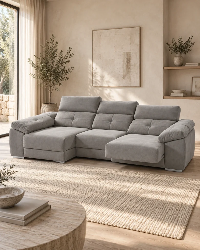 Sofá Memo gris con chaise longue y un asiento deslizante extendido en un salón con luz natural.