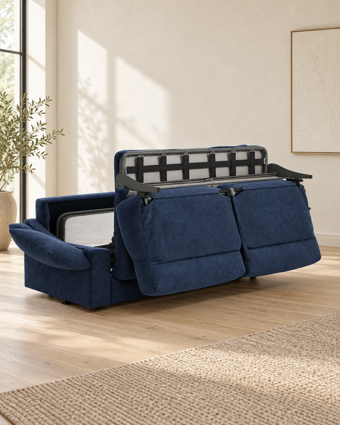 Sofá cama Nara azul navy durante la apertura italiana, con el mecanismo y los asientos unidos.