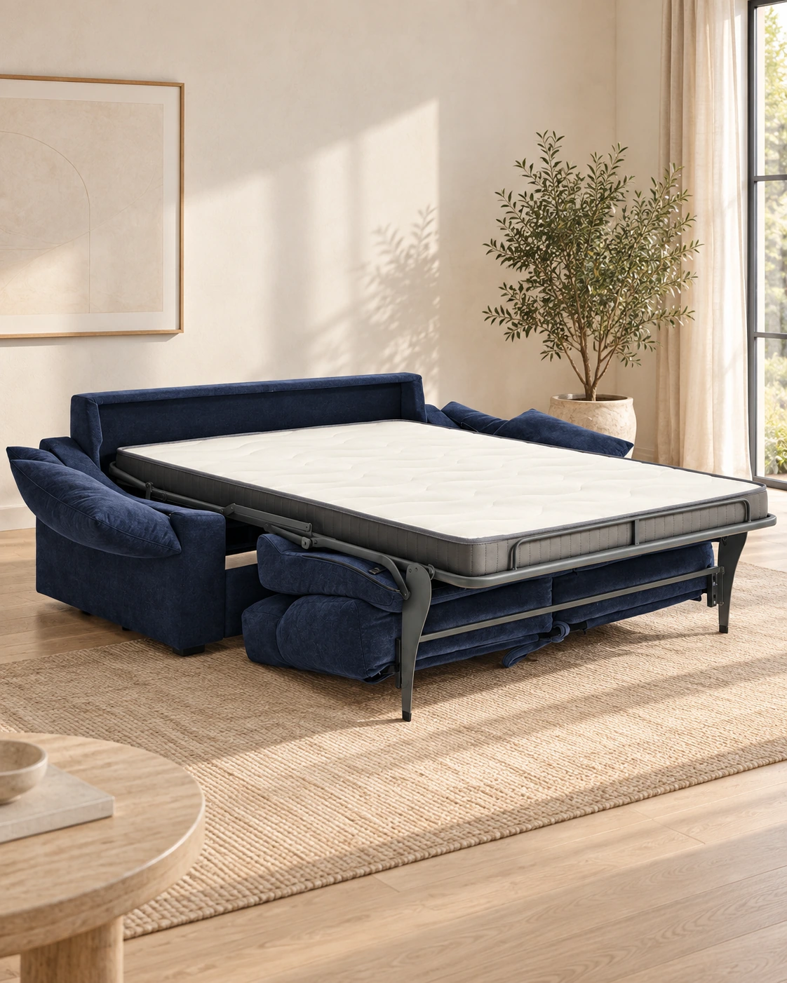Sofá cama Nara azul navy completamente abierto, con colchón independiente y estructura de apoyo metálica.
