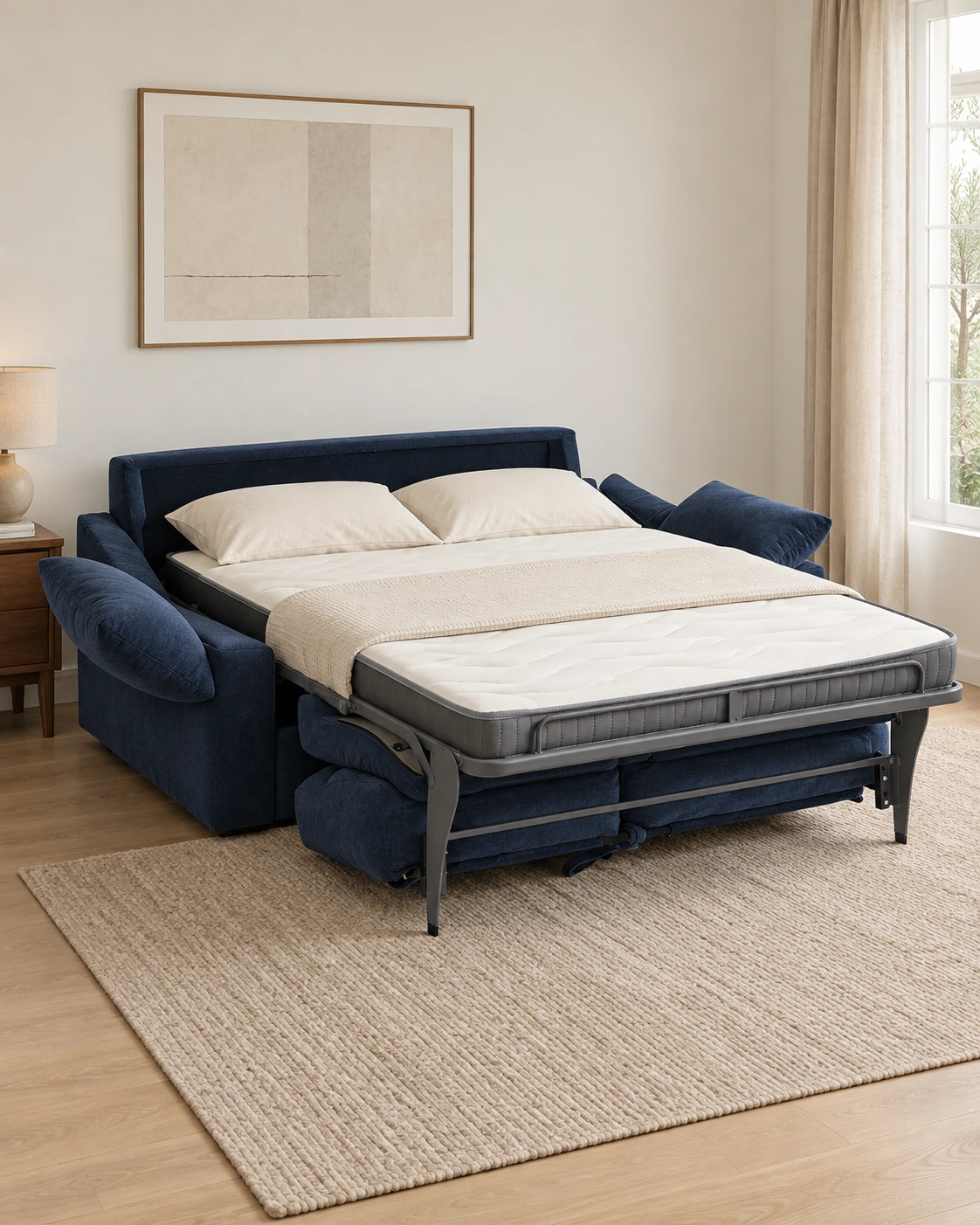 Sofá cama Nara azul marino abierto y preparado con almohadas y ropa de cama clara.
