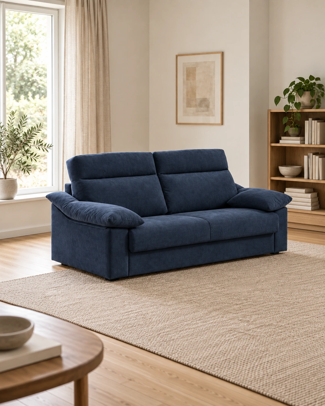 Sofá cama Nara azul marino en vista de tres cuartos, con sus brazos acolchados y respaldo alto.