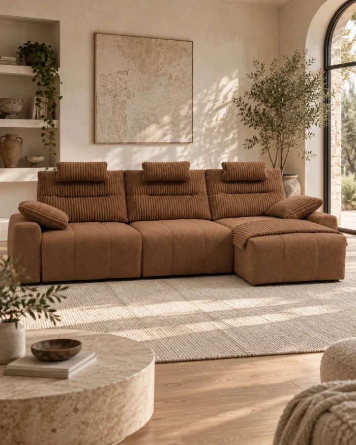Sofá Niza en tono marrón con chaise longue en un salón luminoso.