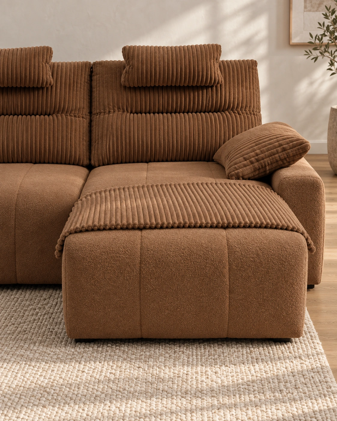 Chaise longue fija del sofá Niza con protector de tejido en la zona de los pies.