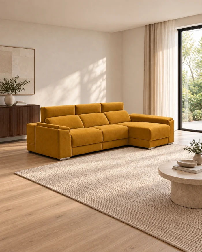 Sofá Nora con chaise longue en tono ocre, visto completo en un salón de tonos naturales.