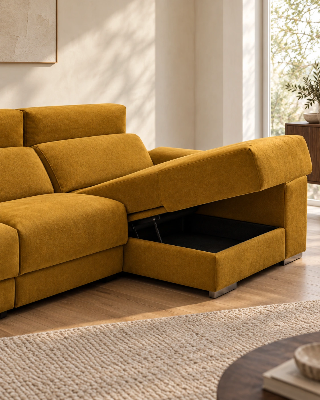 Arcón abierto bajo el asiento de la chaise longue del sofá Nora en tapizado ocre.