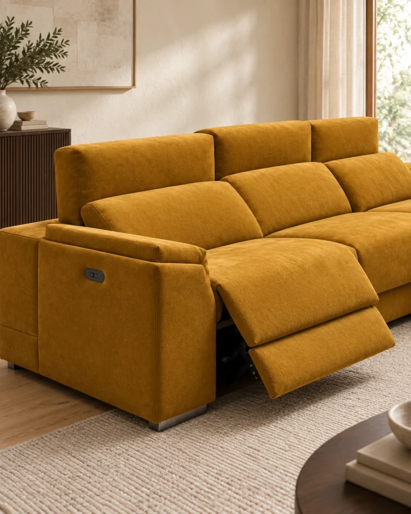 Detalle del sofá Nora en tono ocre con el reposapiés del relax eléctrico extendido.