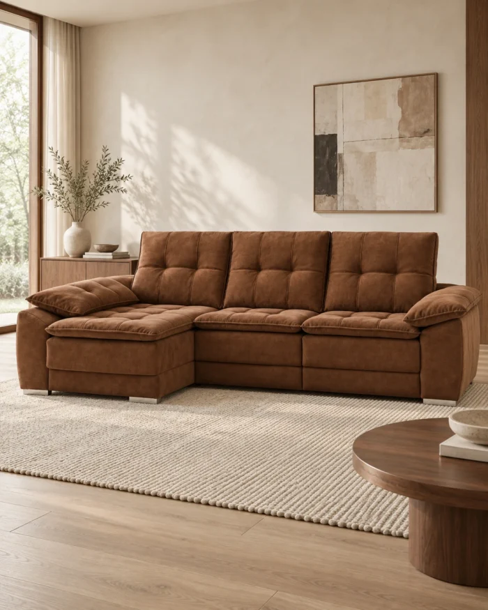 Sofá Roma marrón con chaise longue a la izquierda, en un salón con luz natural.