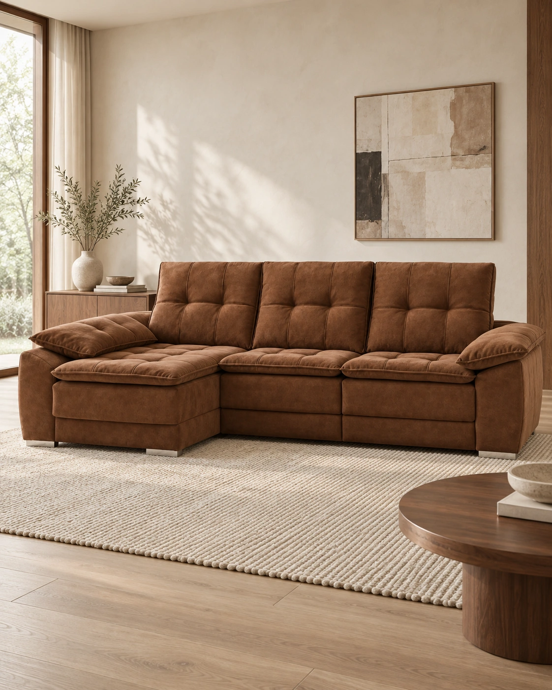 Sofá Roma marrón con chaise longue a la izquierda, en un salón con luz natural.