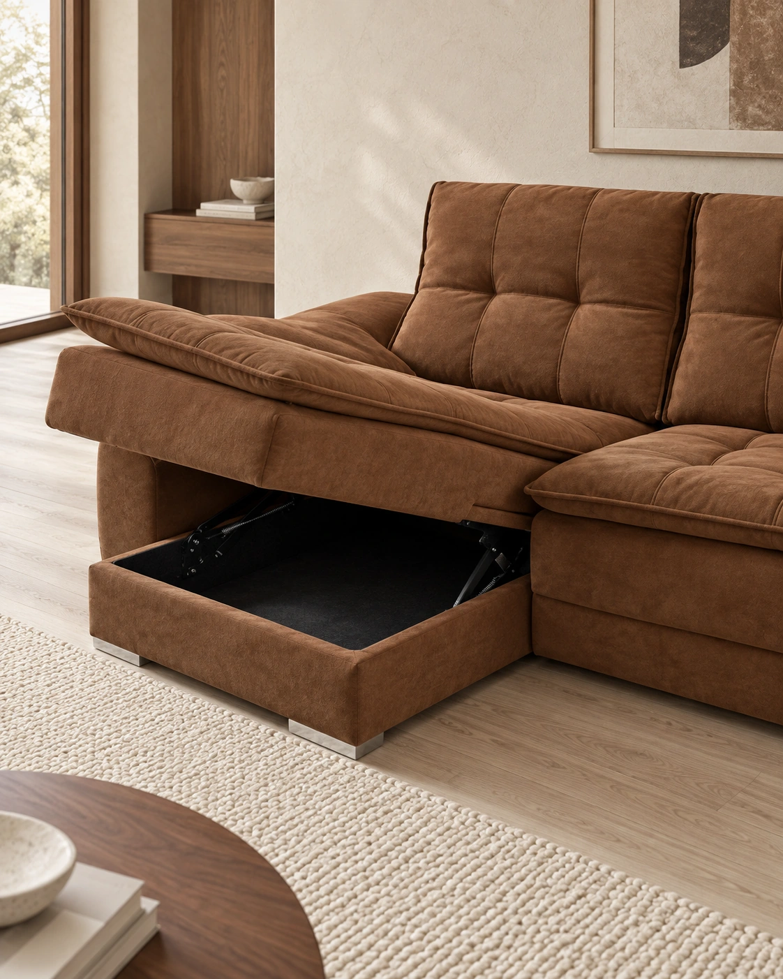 Chaise longue del sofá Roma con el asiento elevado y el arcón abierto.