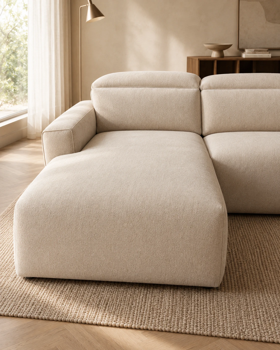 Detalle de la chaise longue del sofá Salina en tapicería crema, con su superficie amplia y los asientos contiguos.