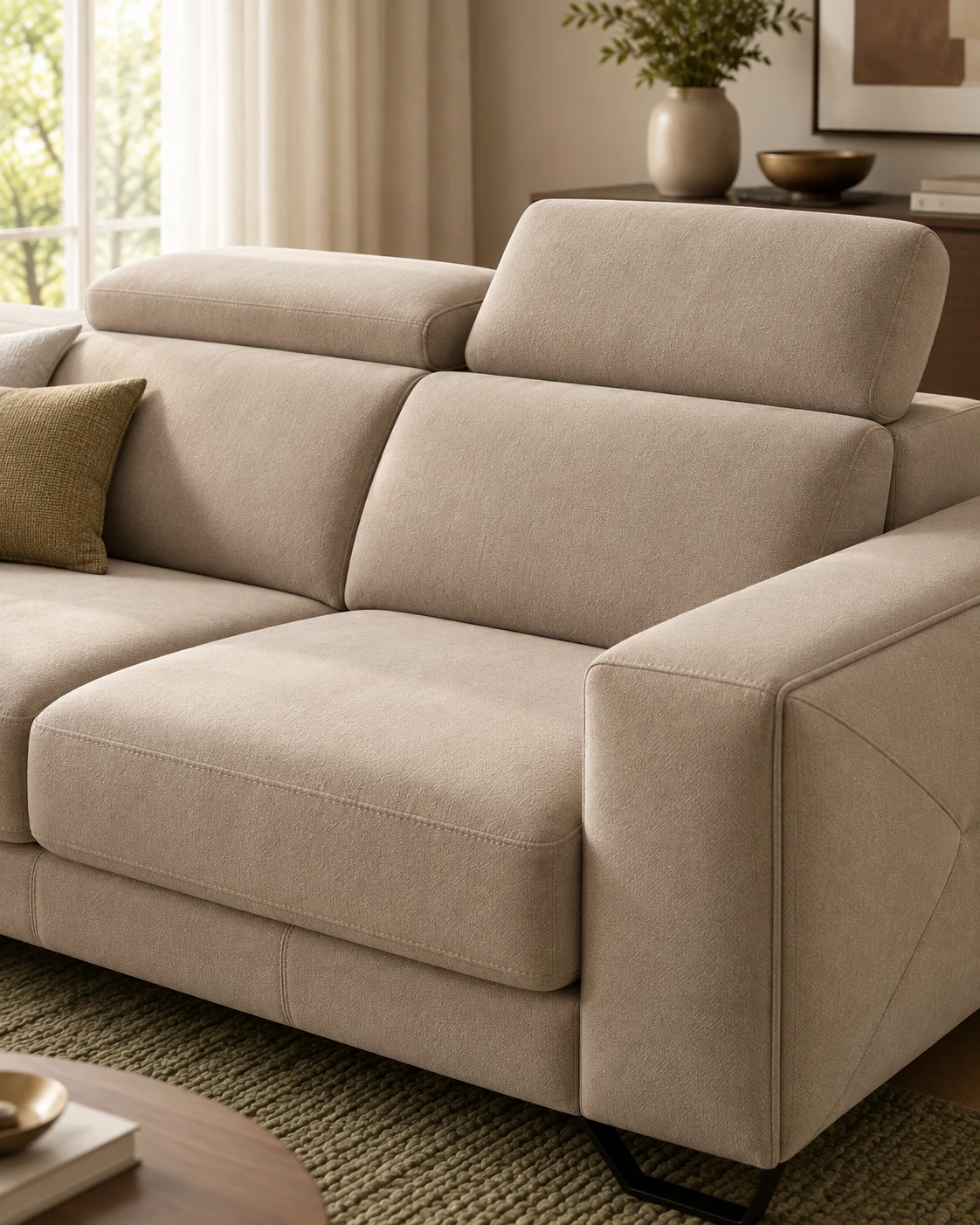 Detalle del sofá Siena beige con un cabezal levantado y otro plegado, respaldo y costuras del brazo.