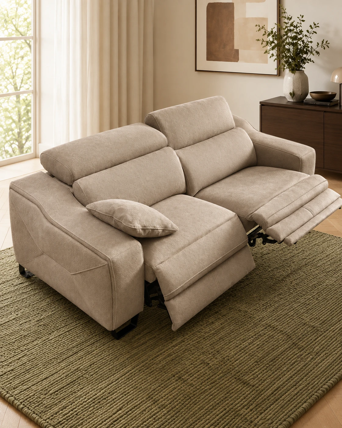 Detalle del sofá Siena en tapizado beige, con reposapiés relax extendido y cabezales en distintas posiciones.