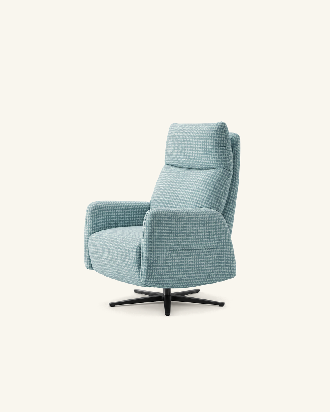 Sillón Cierzo azul de pata de gallo con base giratoria negra sobre fondo beige