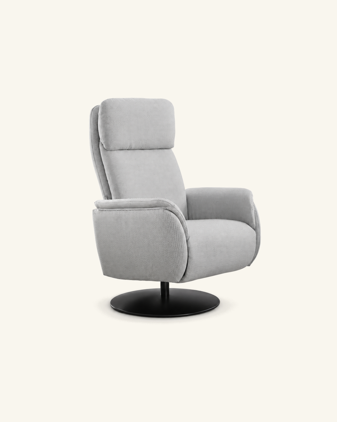 Sillón Dalia gris claro con base circular sobre fondo beige