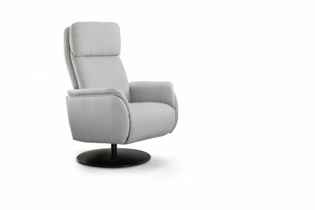 Sillón Dalia gris claro, vista lateral con base circular