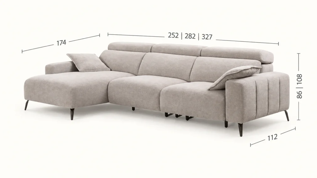 Sofá Valeria beige con chaise longue: anchos 252, 282 o 327 cm, chaise de 174 cm, fondo de 112 cm y altura de 86 a 108 cm.