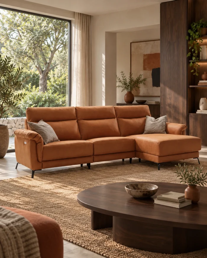 Sofá Vera con chaise longue derecha en un salón cálido con luz natural