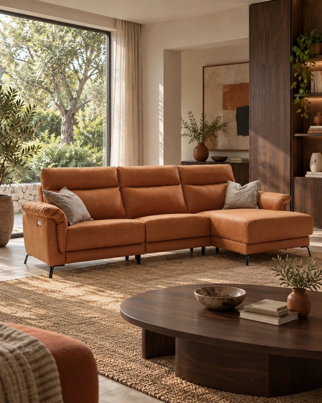 Sofá Vera con chaise longue derecha en un salón cálido con luz natural