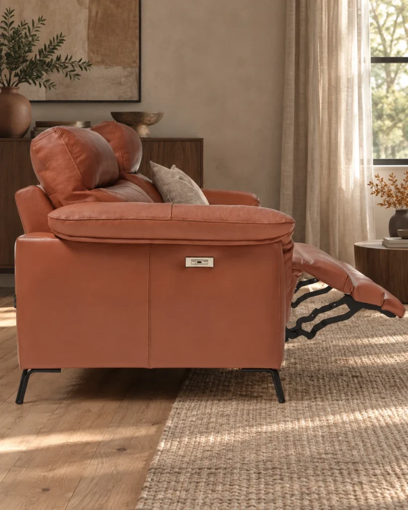 Detalle del relax eléctrico desplegado y botonera lateral de Vera en piel Espesorada Camel