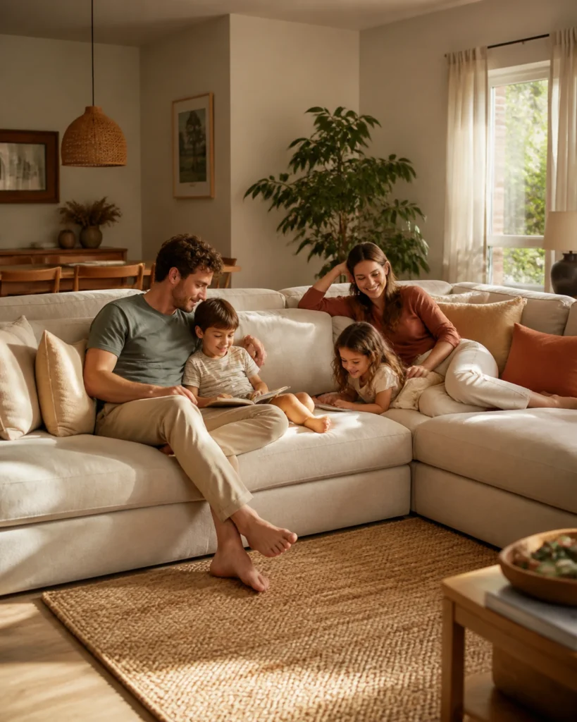 Familia disfrutando de un sofá modular amplio y cómodo