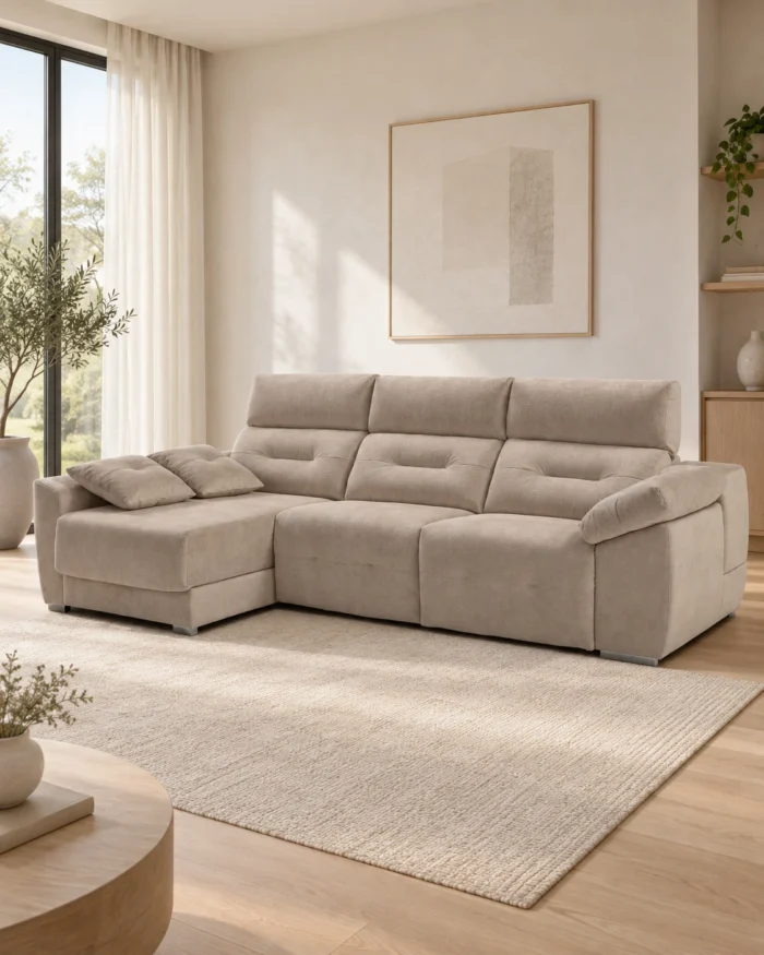 Sofá Celia en tono topo, con chaise longue y brazos acolchados, visto en tres cuartos.