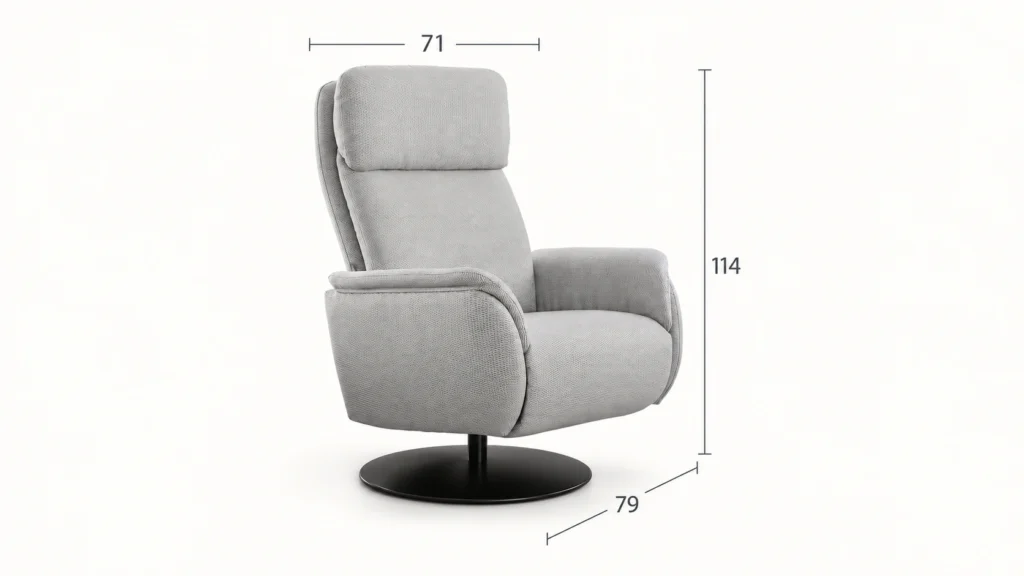 Sillón Dalia con sus medidas sobre fondo marfil.