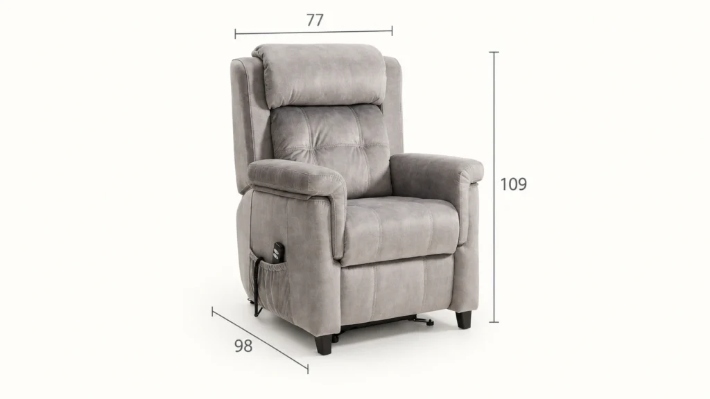 Sillón Elia con sus medidas sobre fondo marfil.