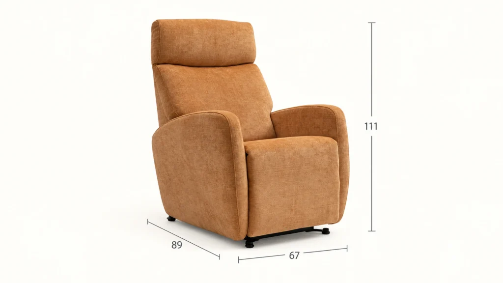 Sillón Faro con sus medidas sobre fondo marfil.
