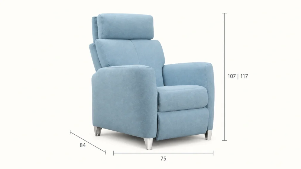 Sillón Lino con sus medidas sobre fondo marfil.