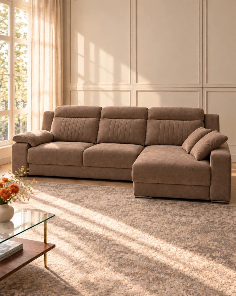 Sofá Lua con chaise longue a la derecha y tapizado marrón, en un salón luminoso con molduras crema.