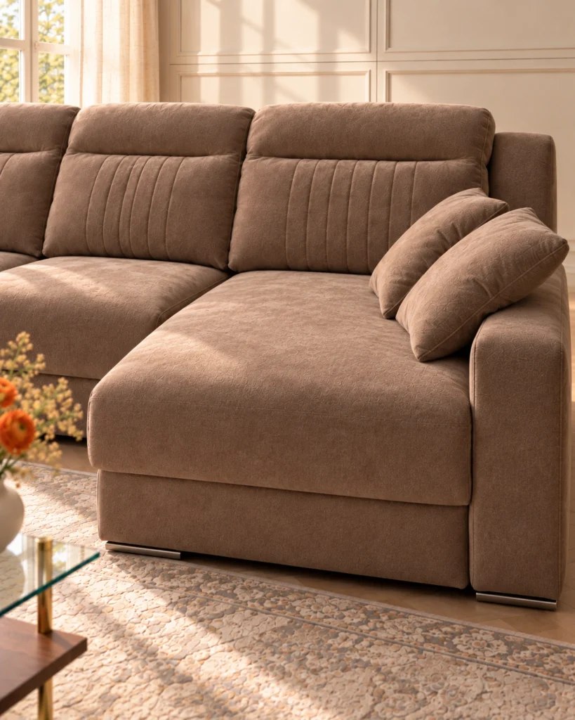 Detalle del asiento cerrado y del brazo de la chaise longue del sofá Lua, con tapizado marrón y luz natural.