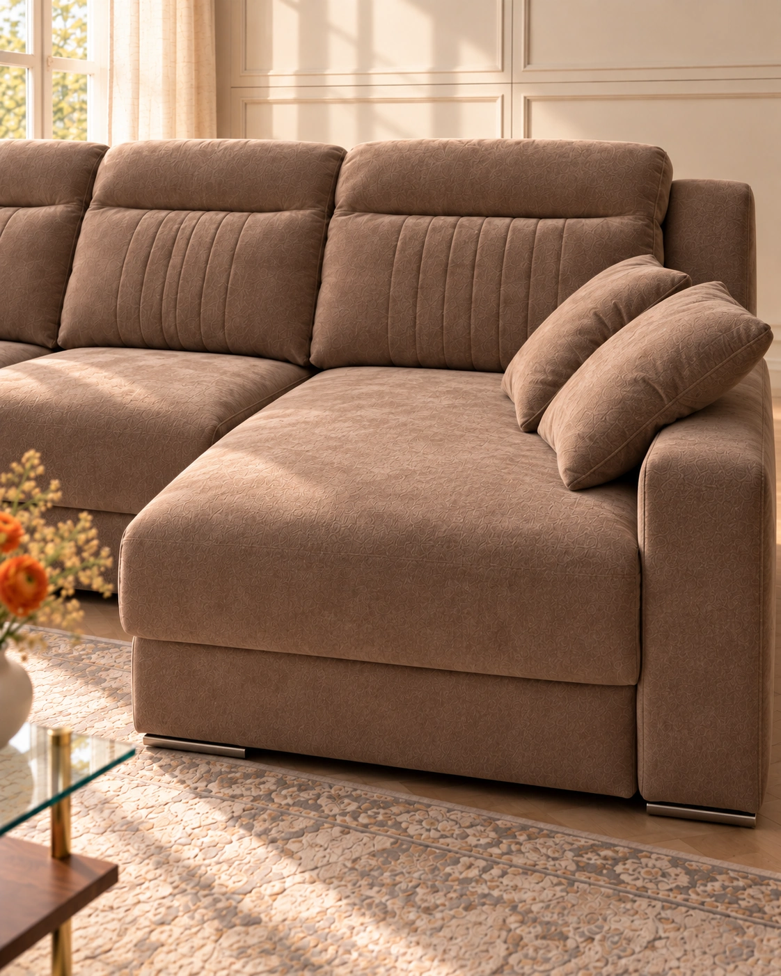 Detalle del asiento cerrado y del brazo de la chaise longue del sofá Lua, con tapizado marrón y luz natural.