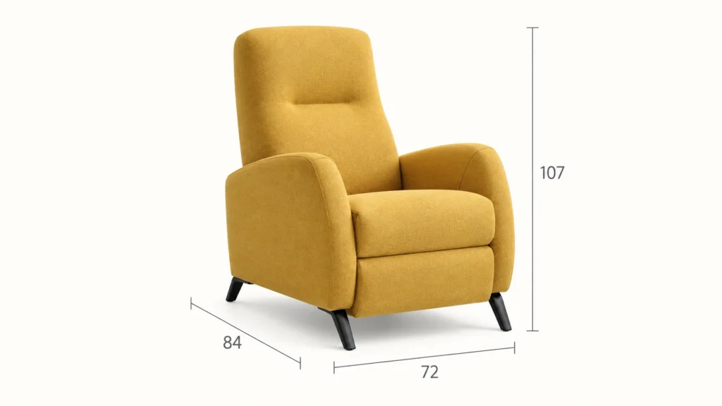 Sillón Mistral con sus medidas sobre fondo marfil.