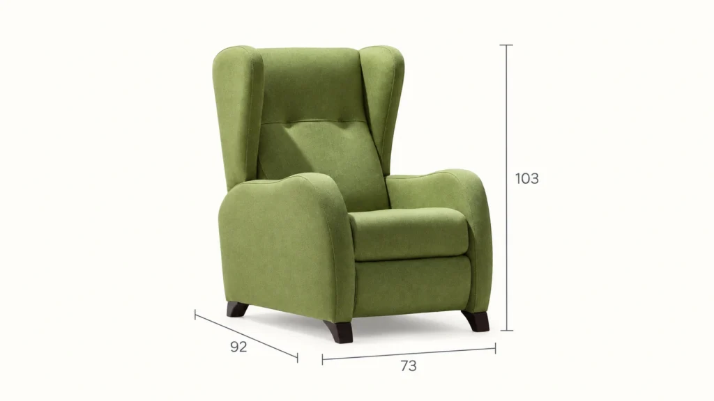 Sillón Nilo con sus medidas sobre fondo marfil.