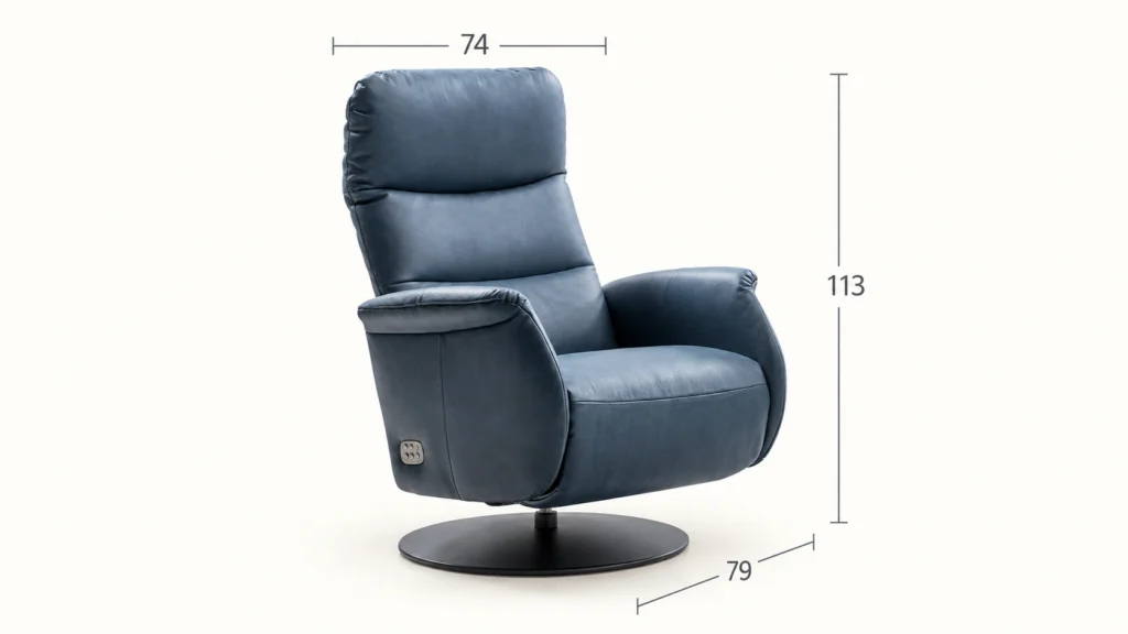 Sillón Noa con sus medidas sobre fondo marfil.