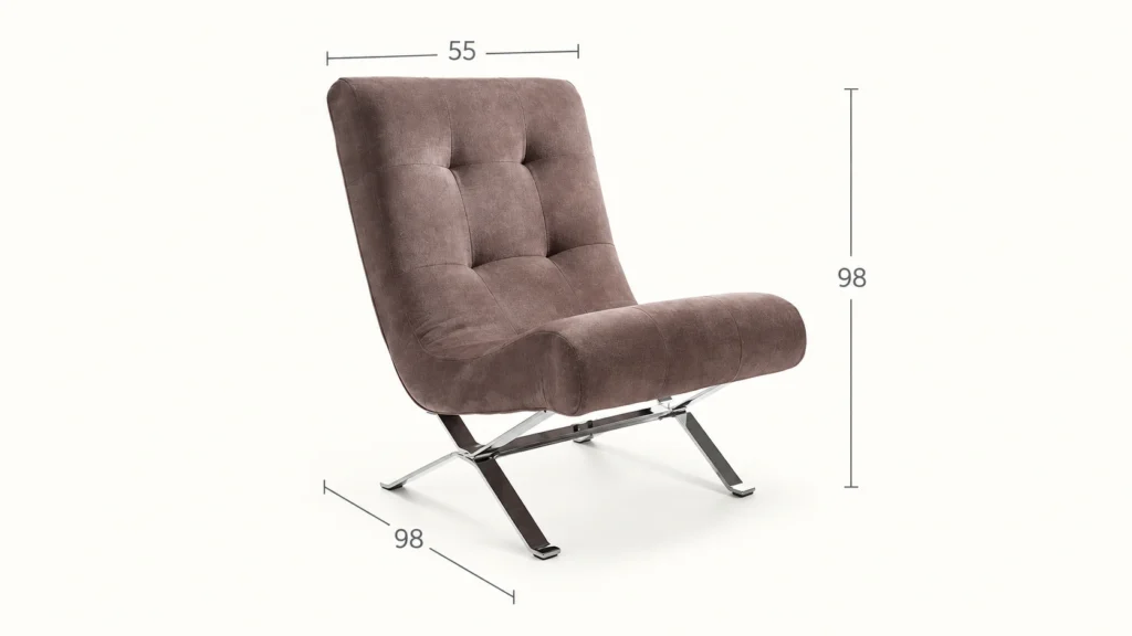Sillón Saúco con sus medidas sobre fondo marfil.