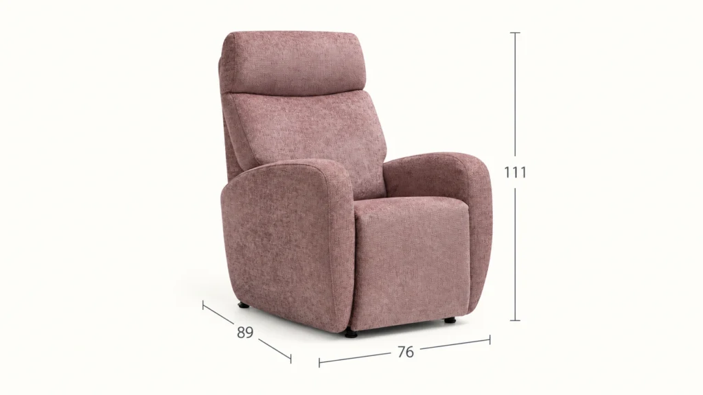 Sillón Senda con sus medidas sobre fondo marfil.