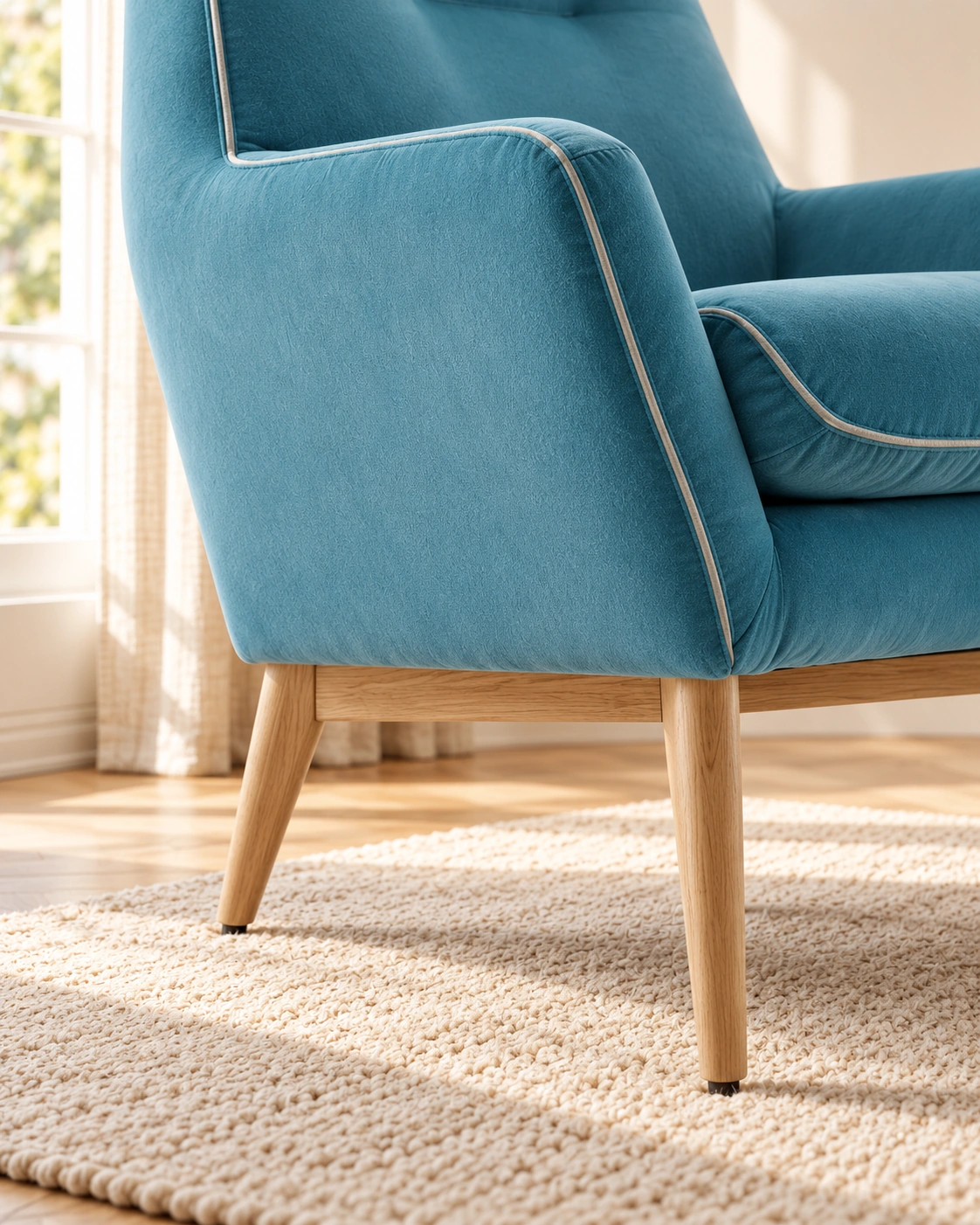 Detalle de las patas de madera y el asiento de la butaca Cora