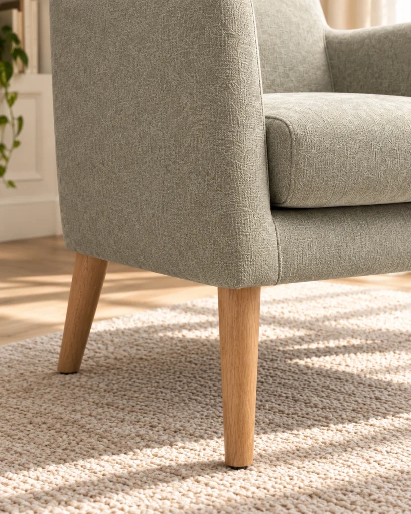 Detalle de las patas de madera de la butaca Serena