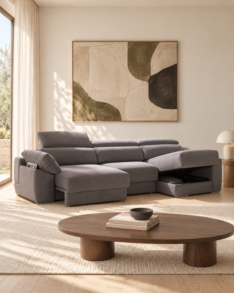 Sofá Alquézar gris con arcón de chaise abierto en el mismo salón de la sesión.